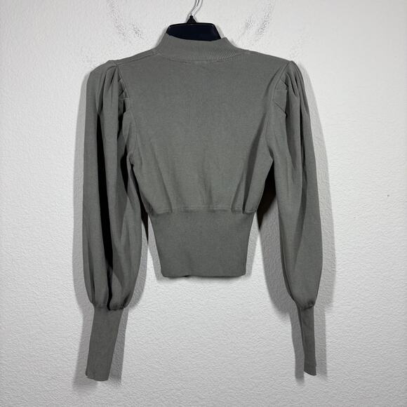 Zara Womens Small Sweater Top Crop Gray Green Keyhole Puff Sleeves Mock Neck - Picture 4 of 10